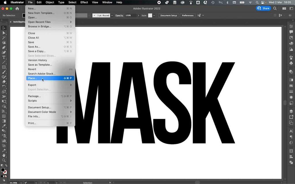 Step 1 - Now that your text mask is ready to be used, bring your image into Illustrator by going to file > place.